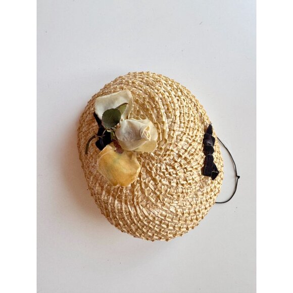 Vintage Raffia Straw Black Velvet Ribbon Yellow Faux Flower Juliet Hat - Picture 7 of 15